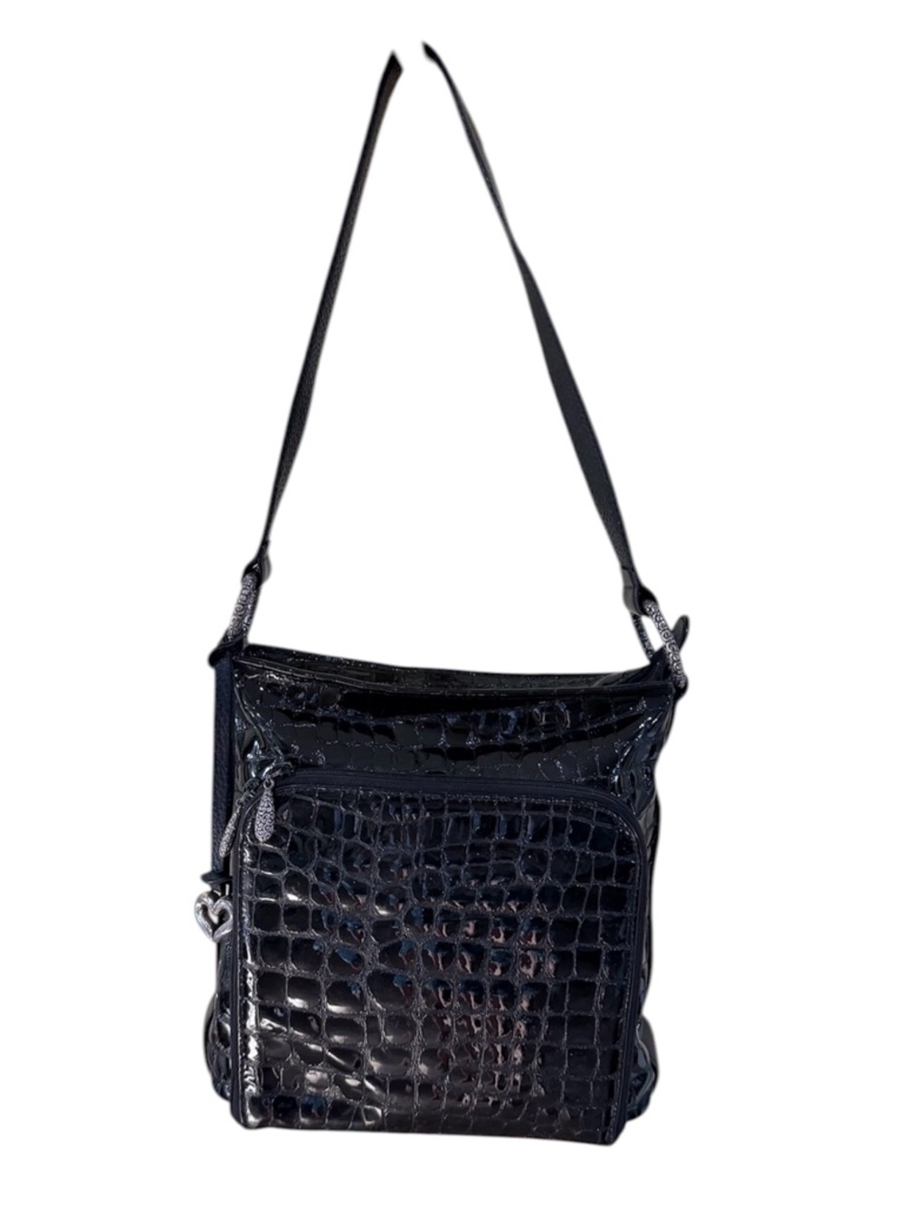 Brighton Black Croc Embossed Leather Crossbody Organizer Bag Green Interior